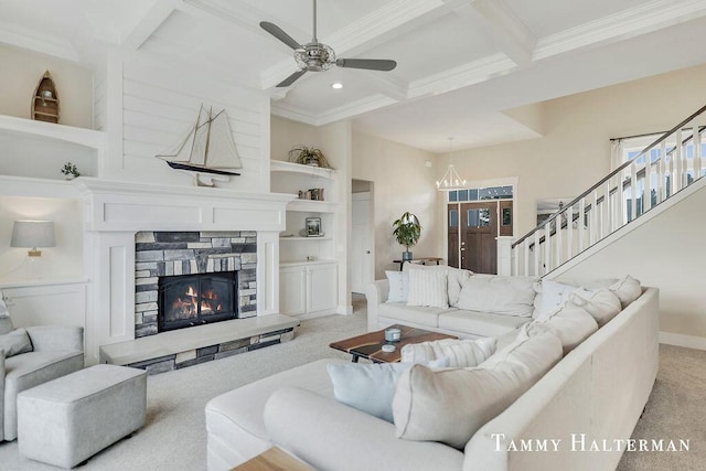 6129 W Bay Ct, Hudsonville, MI 49426 - living room with coffered ceiling, light carpet, a ceiling fan, beam ceiling, and stairs