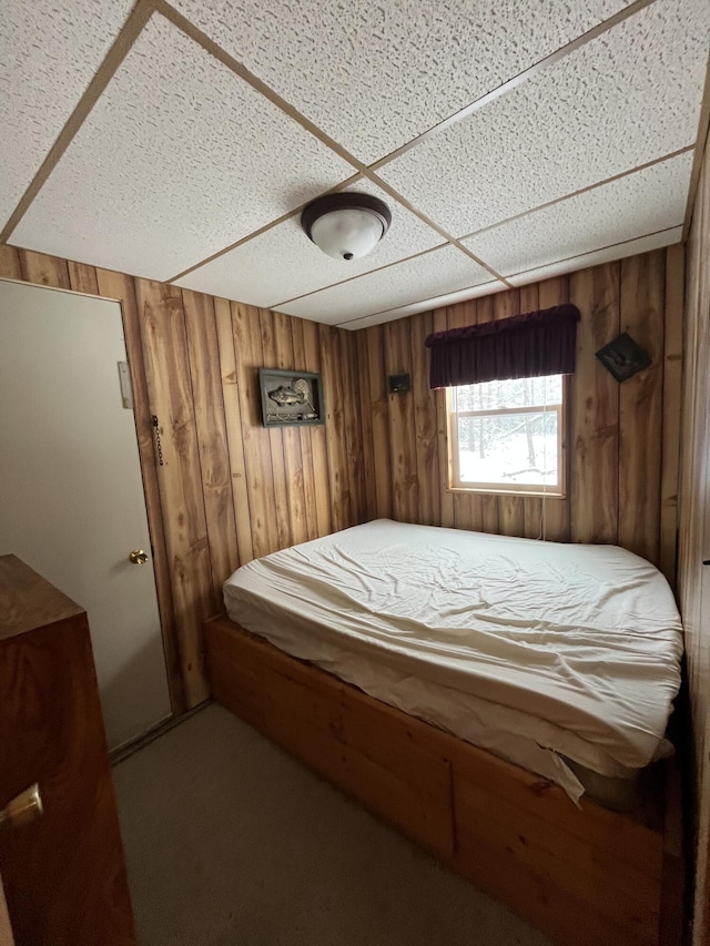 9279 S Forman Rd, Baldwin, MI 49304 - bedroom featuring wood walls and carpet floors