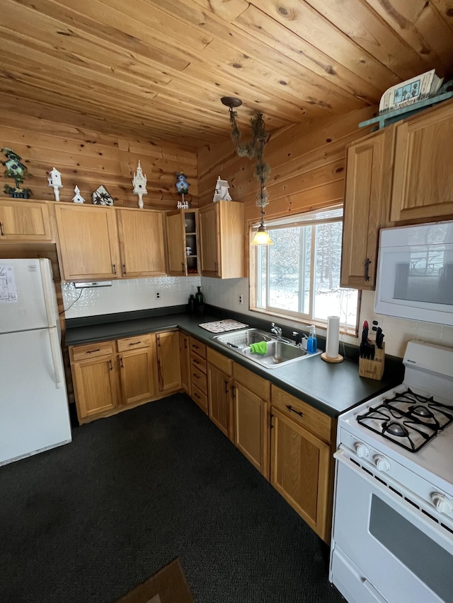 9279 S Forman Rd, Baldwin, MI 49304 - kitchen featuring white appliances, wood ceiling, wooden walls, dark countertops, and hanging light fixtures