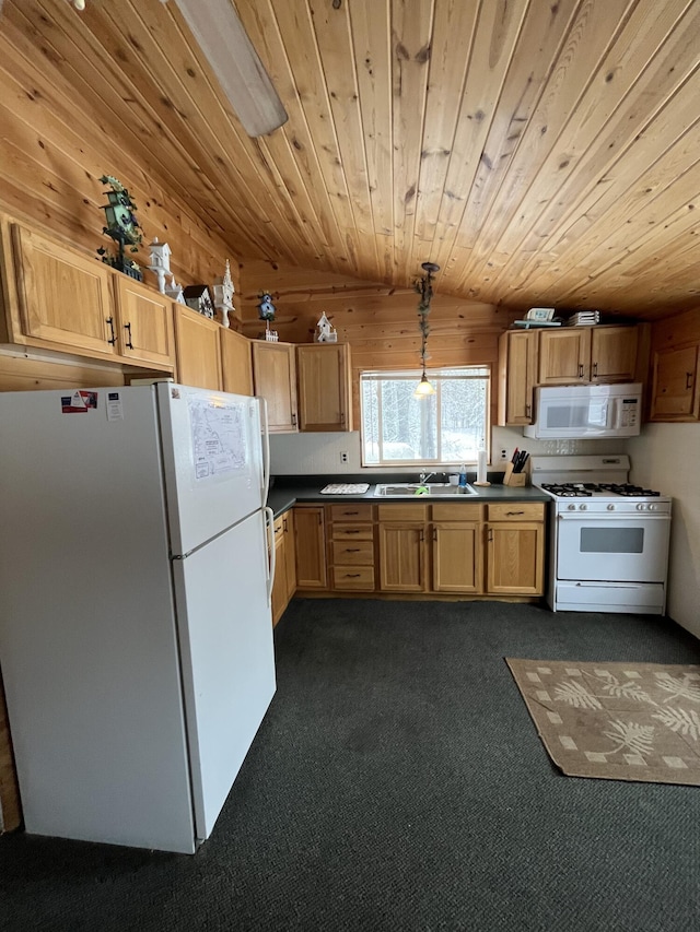 9279 S Forman Rd, Baldwin, MI 49304 - kitchen with white appliances, vaulted ceiling, dark colored carpet, dark countertops, and wooden ceiling