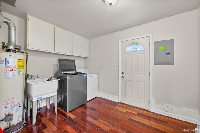 8460 Busko Ave, Utica, MI 48093 - laundry room featuring gas water heater, electric panel, cabinet space, washing machine and clothes dryer, and dark wood-style floors