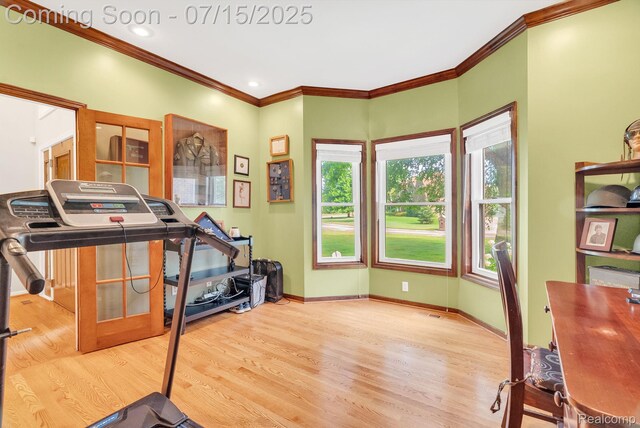 11656 Kings Colony, Grand Blanc, MI 48439 - workout room with ornamental molding and wood finished floors