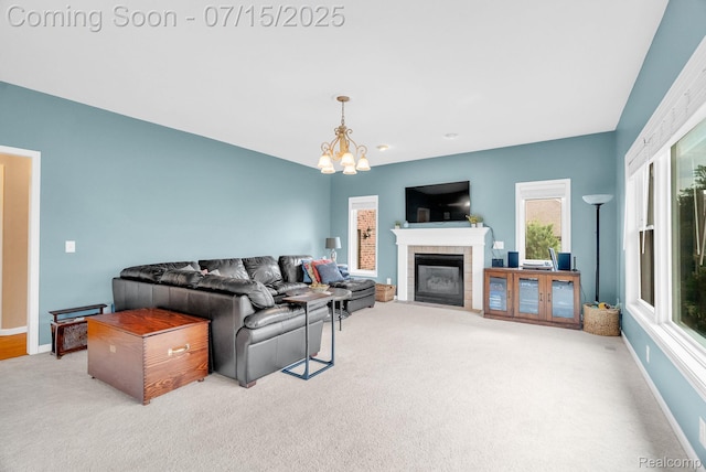 11656 Kings Colony, Grand Blanc, MI 48439 - carpeted living room with a tile fireplace and a chandelier