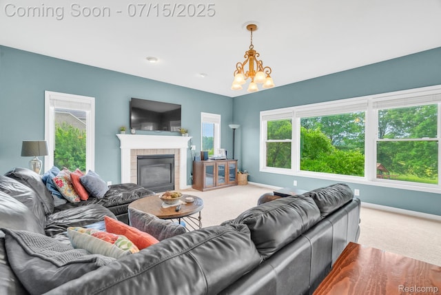 11656 Kings Colony, Grand Blanc, MI 48439 - carpeted living area with a chandelier and a tile fireplace