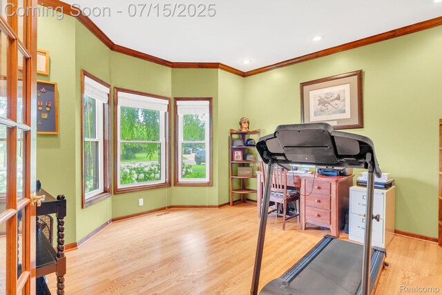 11656 Kings Colony, Grand Blanc, MI 48439 - exercise area featuring crown molding, plenty of natural light, wood finished floors, and recessed lighting
