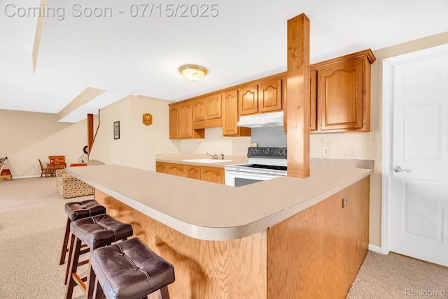 11656 Kings Colony, Grand Blanc, MI 48439 - kitchen with white electric range, under cabinet range hood, light colored carpet, a breakfast bar, and light countertops