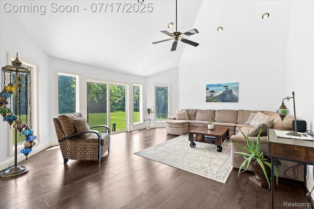 61353 W 8 Mile Rd, South Lyon, MI 48178 - living room with wood finished floors, high vaulted ceiling, and ceiling fan