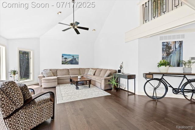 61353 W 8 Mile Rd, South Lyon, MI 48178 - living room featuring high vaulted ceiling, dark wood finished floors, and ceiling fan