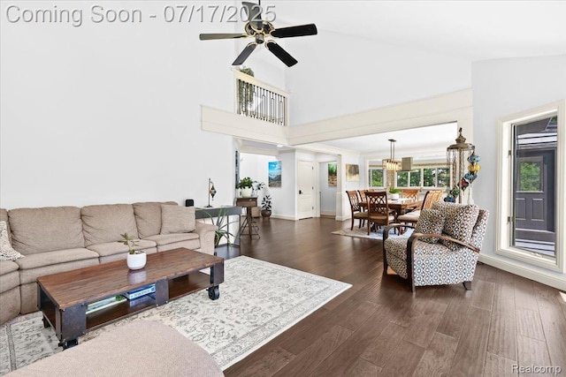 61353 W 8 Mile Rd, South Lyon, MI 48178 - living area featuring a ceiling fan, dark wood-style floors, and high vaulted ceiling