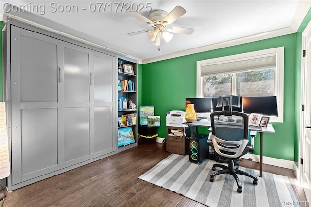 61353 W 8 Mile Rd, South Lyon, MI 48178 - office area featuring wood finished floors, a ceiling fan, and crown molding