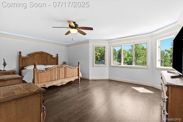 61353 W 8 Mile Rd, South Lyon, MI 48178 - bedroom with ornamental molding, dark wood-style floors, and ceiling fan