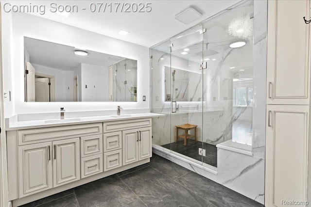 61353 W 8 Mile Rd, South Lyon, MI 48178 - bathroom with marble finish flooring, a marble finish shower, and double vanity