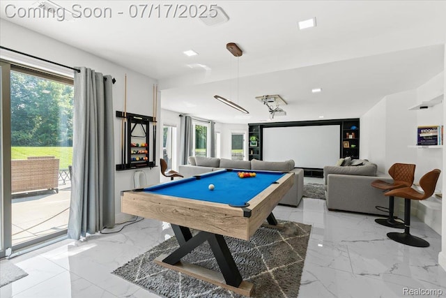 61353 W 8 Mile Rd, South Lyon, MI 48178 - game room with billiards, light marble finish flooring, and recessed lighting