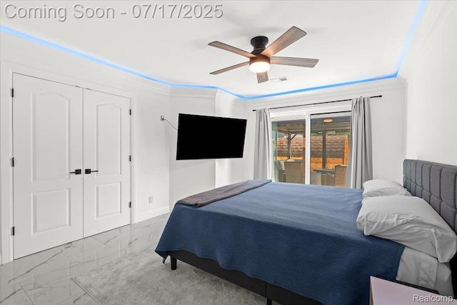 61353 W 8 Mile Rd, South Lyon, MI 48178 - bedroom featuring ceiling fan, ornamental molding, marble finish flooring, and a closet