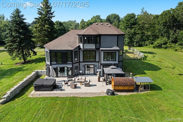 61353 W 8 Mile Rd, South Lyon, MI 48178 - rear view of house featuring outdoor lounge area, a patio, a yard, and roof with shingles