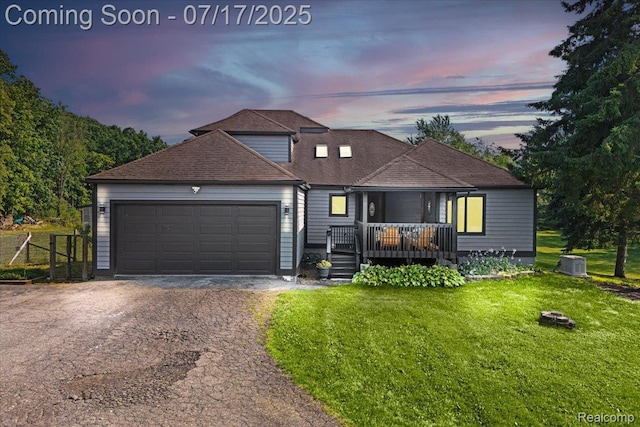 61353 W 8 Mile Rd, South Lyon, MI 48178 - view of front of home with driveway, a yard, a garage, a wooden deck, and roof with shingles