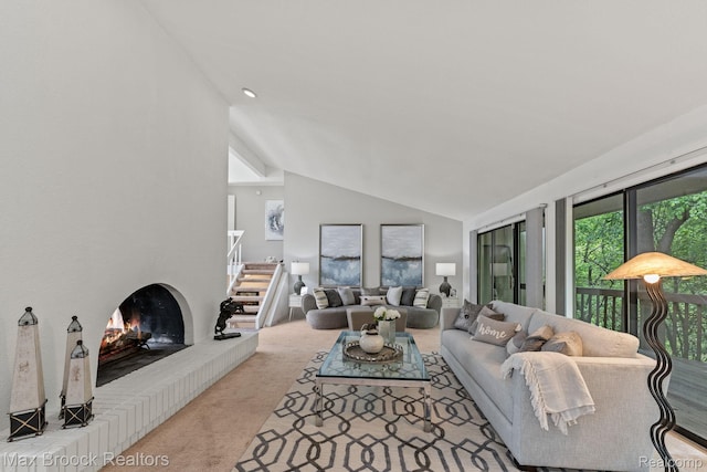 4355 Middleton Dr, Bloomfield Hills, MI 48302 - living room with carpet floors, lofted ceiling, and a fireplace