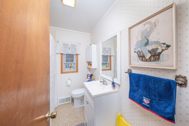 3110 13 Mile Rd, Remus, MI 49340 - bathroom featuring wallpapered walls, crown molding, and vanity