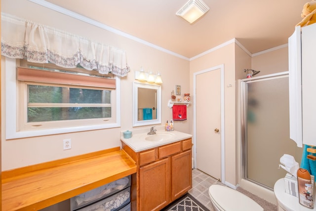 3110 13 Mile Rd, Remus, MI 49340 - bathroom featuring a shower with door, vanity, crown molding, and tile patterned floors