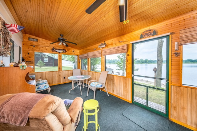 3110 13 Mile Rd, Remus, MI 49340 - sunroom with ceiling fan, vaulted ceiling, and a water view