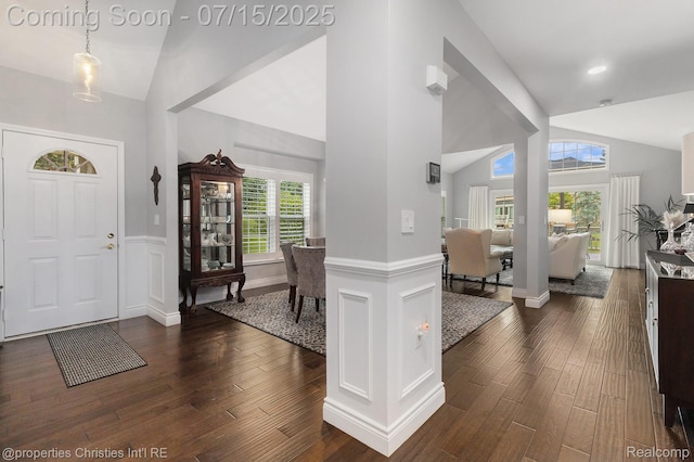 23331 Sawgrass Ct S, South Lyon, MI 48178 - entrance foyer featuring high vaulted ceiling, dark wood-style floors, and wainscoting