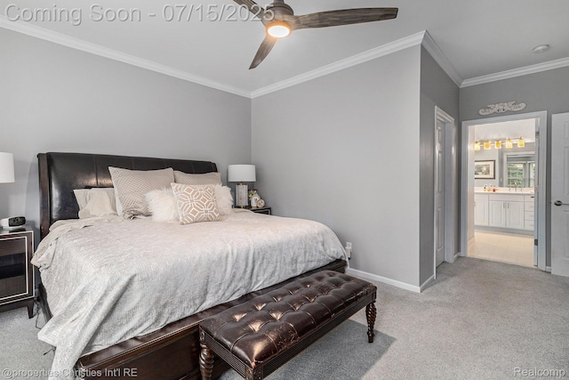23331 Sawgrass Ct S, South Lyon, MI 48178 - carpeted bedroom with crown molding, ceiling fan, and ensuite bath