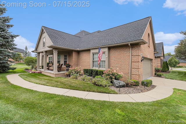 23331 Sawgrass Ct S, South Lyon, MI 48178 - view of home's exterior featuring roof with shingles, a yard, brick siding, driveway, and an attached garage