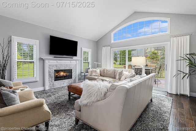 23331 Sawgrass Ct S, South Lyon, MI 48178 - living area with healthy amount of natural light, a premium fireplace, dark wood-style flooring, and high vaulted ceiling