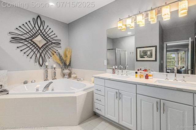 23331 Sawgrass Ct S, South Lyon, MI 48178 - bathroom with double vanity, a stall shower, a bath, and tile patterned floors