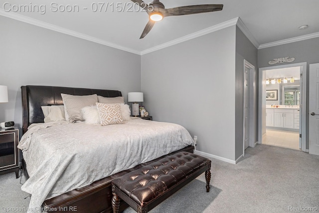 23331 Sawgrass Ct S, South Lyon, MI 48178 - bedroom with carpet, ornamental molding, a ceiling fan, and connected bathroom