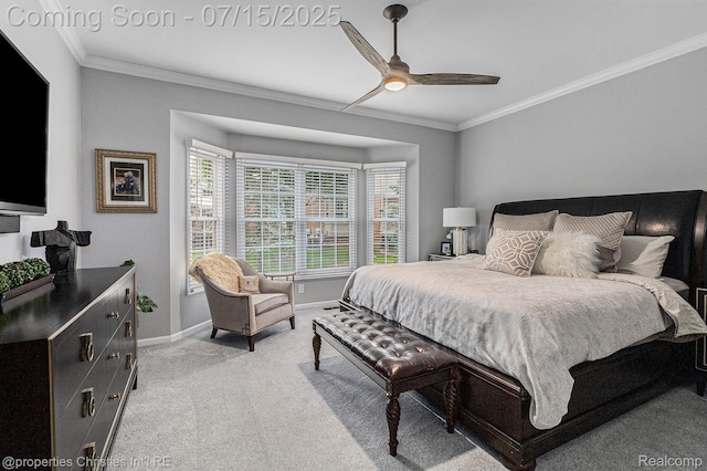 23331 Sawgrass Ct S, South Lyon, MI 48178 - bedroom featuring crown molding, light carpet, and ceiling fan