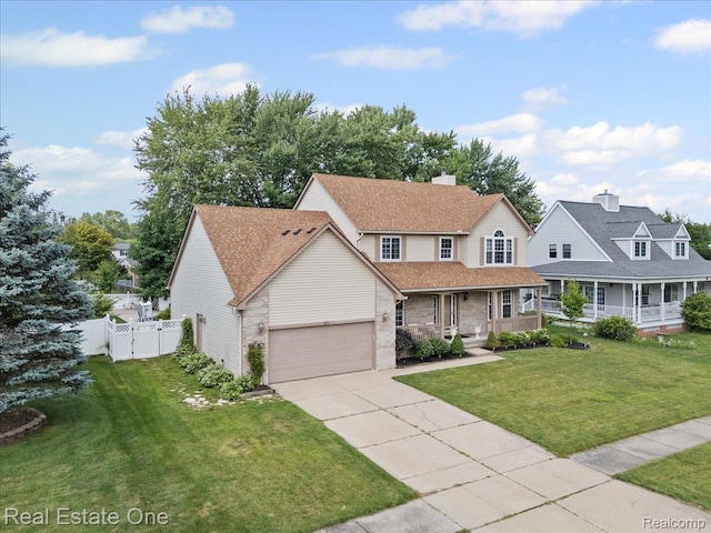 415 Evaline Dr, Troy, MI 48085 - view of front of house featuring covered porch, driveway, a garage, a shingled roof, and brick siding