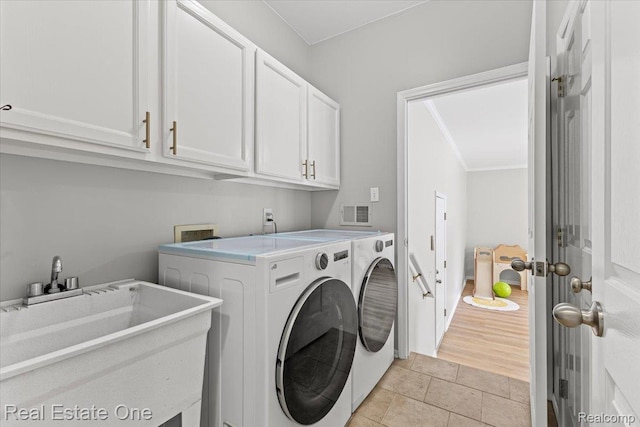 415 Evaline Dr, Troy, MI 48085 - washroom featuring washing machine and dryer, cabinet space, and crown molding