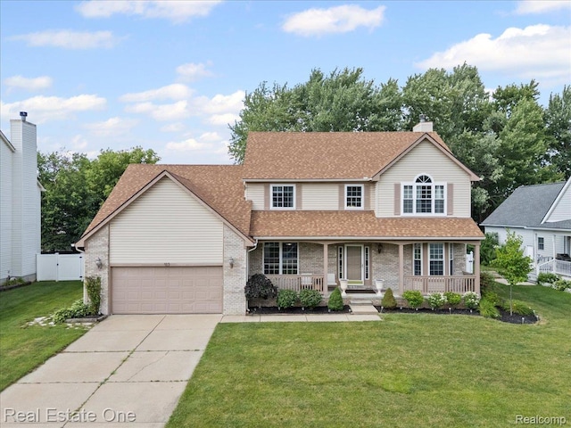 415 Evaline Dr, Troy, MI 48085 - traditional-style home featuring a garage, brick siding, covered porch, driveway, and roof with shingles