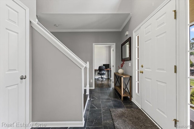 415 Evaline Dr, Troy, MI 48085 - entryway featuring ornamental molding, stairs, plenty of natural light, and dark marble finish floors