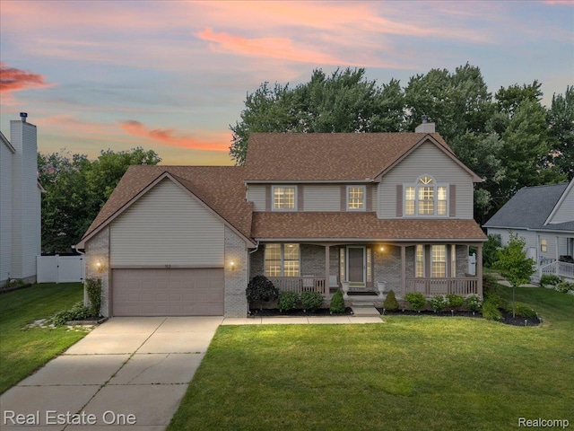 415 Evaline Dr, Troy, MI 48085 - traditional-style home featuring an attached garage, covered porch, driveway, brick siding, and a shingled roof