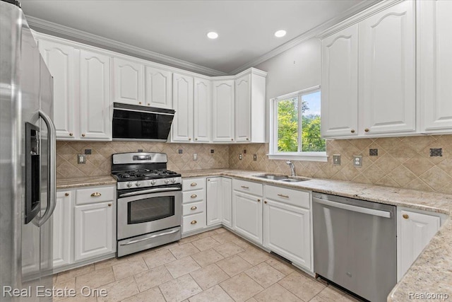 415 Evaline Dr, Troy, MI 48085 - kitchen featuring appliances with stainless steel finishes, white cabinets, backsplash, recessed lighting, and crown molding