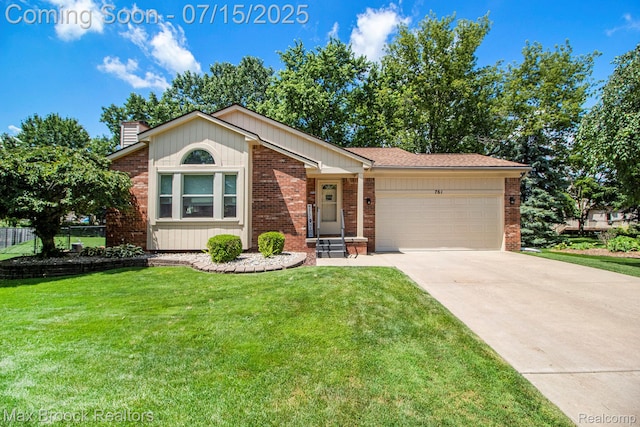 761 Stoney Dr, South Lyon, MI 48178 - ranch-style house featuring brick siding, concrete driveway, an attached garage, and a chimney