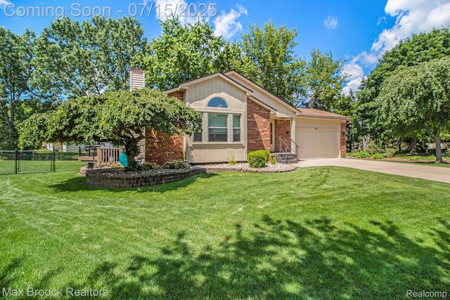 761 Stoney Dr, South Lyon, MI 48178 - single story home with concrete driveway, a garage, brick siding, and a chimney