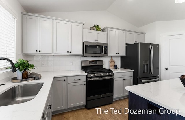 3171 Timberpine Ave, Holland, MI 49424 - kitchen featuring appliances with stainless steel finishes, lofted ceiling, healthy amount of natural light, backsplash, and wood finished floors