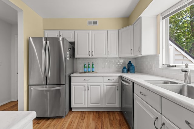 1618 Birmingham Blvd, Birmingham, MI 48009 - kitchen with appliances with stainless steel finishes, white cabinets, decorative backsplash, and light wood-type flooring