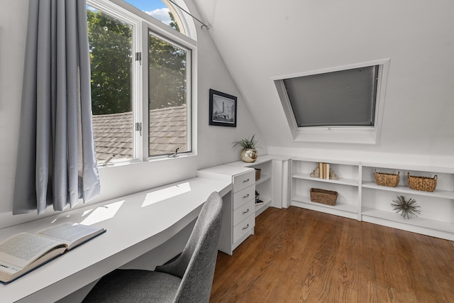 1618 Birmingham Blvd, Birmingham, MI 48009 - home office with vaulted ceiling, built in desk, and dark wood-type flooring