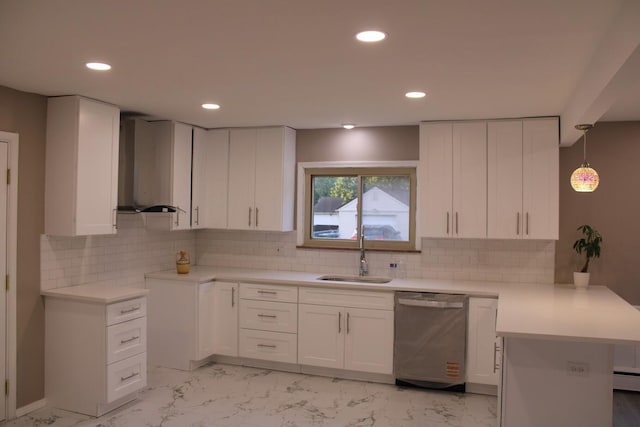 2906 Syracuse St, Dearborn, MI 48124 - kitchen with stainless steel dishwasher, wall chimney range hood, a peninsula, white cabinets, and recessed lighting