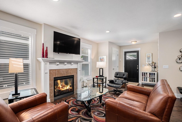 330 Rachaels Way, Spring Lake, MI 49456 - living area with wood finished floors, a tile fireplace, and recessed lighting