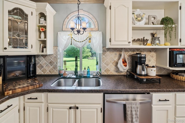 3439 N Mill Rd, Dryden, MI 48428 - kitchen featuring open shelves, dark countertops, stainless steel dishwasher, a chandelier, and decorative backsplash