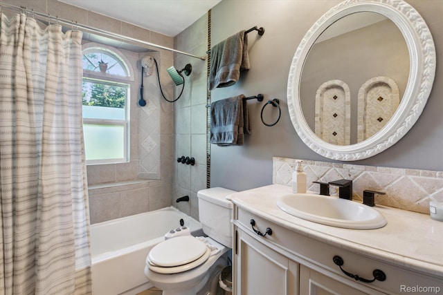3439 N Mill Rd, Dryden, MI 48428 - bathroom with shower / bathtub combination with curtain, vanity, and decorative backsplash