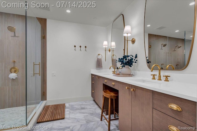 2051 Villa Rd Unit 302, Birmingham, MI 48009 - bathroom with marble finish floors, double vanity, a stall shower, and recessed lighting