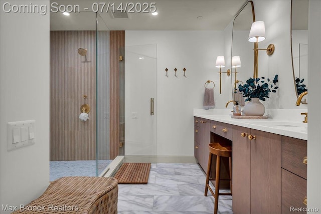 2051 Villa Rd Unit 302, Birmingham, MI 48009 - full bath with a shower with door, double vanity, and marble look tile flooring