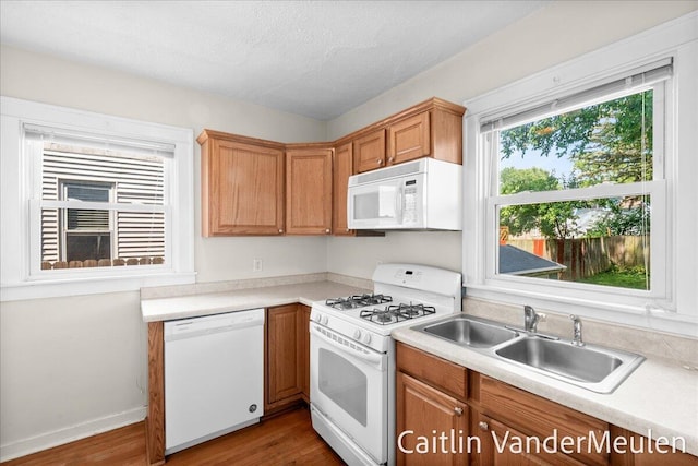 1340 Ashland Ave NE, Grand Rapids, MI 49505 - kitchen featuring white appliances, wood finished floors, light countertops, a textured ceiling, and brown cabinetry