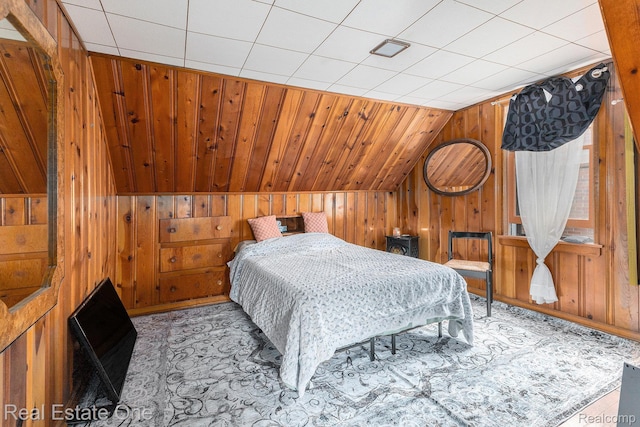 35451 John St, Wayne, MI 48184 - bedroom featuring vaulted ceiling and wood walls